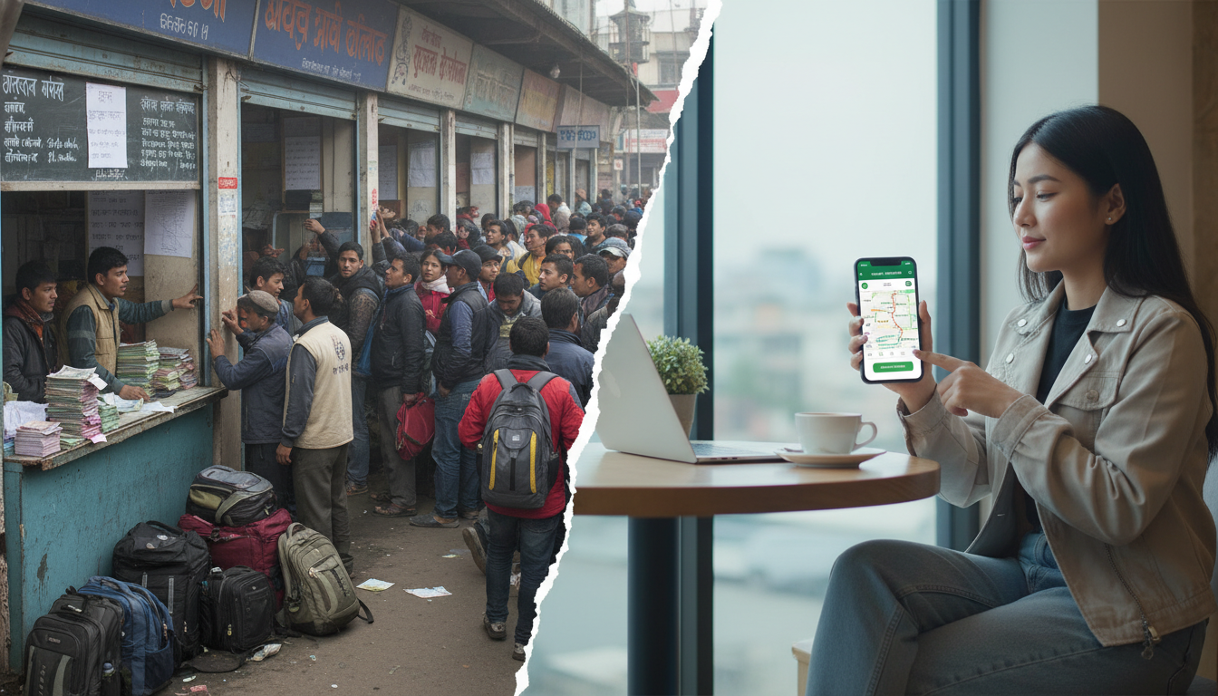 A split image contrasting two scenes: on one side, a chaotic, crowded traditional bus ticket counter in a Nepali bus park, full of people and paper tickets; on the other side, a calm, modern scene of a person effortlessly booking a bus ticket on a smartphone, highlighting the digital transformation of public transport.