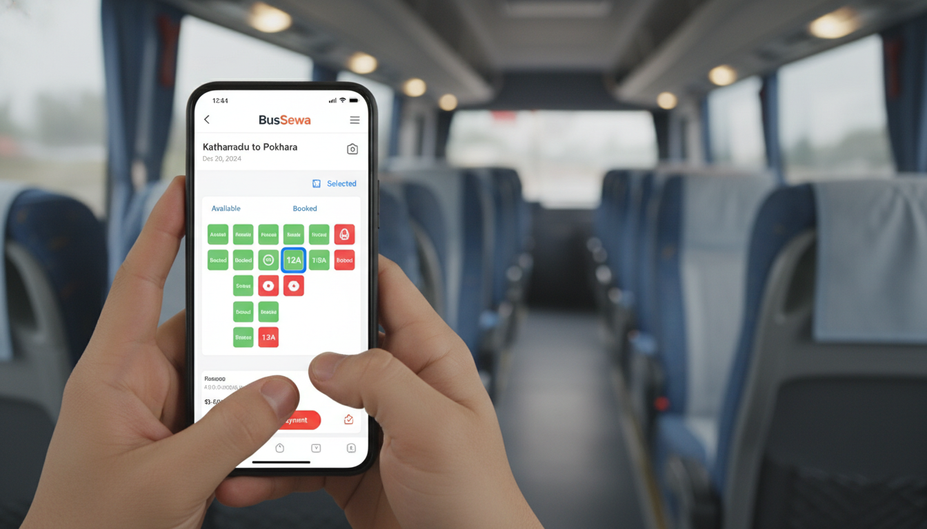 A close-up shot of a user's hands holding a smartphone, clearly displaying the BusSewa app interface with a visual seat selection map on the screen. In the background, subtly blurred, a modern, comfortable bus interior is visible, conveying ease and comfort of digital booking and real-time features.