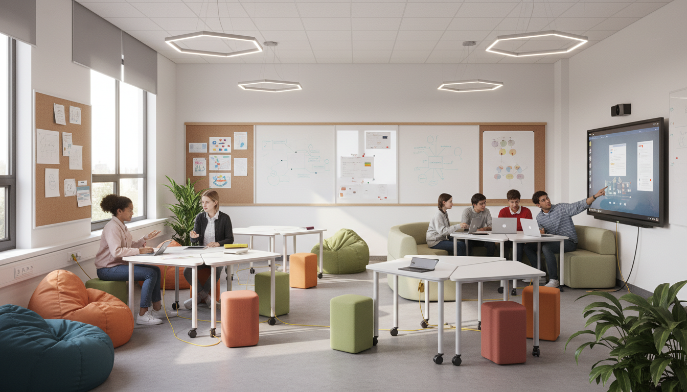 A vibrant, modern classroom designed for technology integration. The image shows flexible seating arrangements, students actively collaborating in small groups with tablets and laptops, visible yet integrated power solutions, and good lighting. The atmosphere should convey active learning and seamless technology use, not a traditional lecture setup.