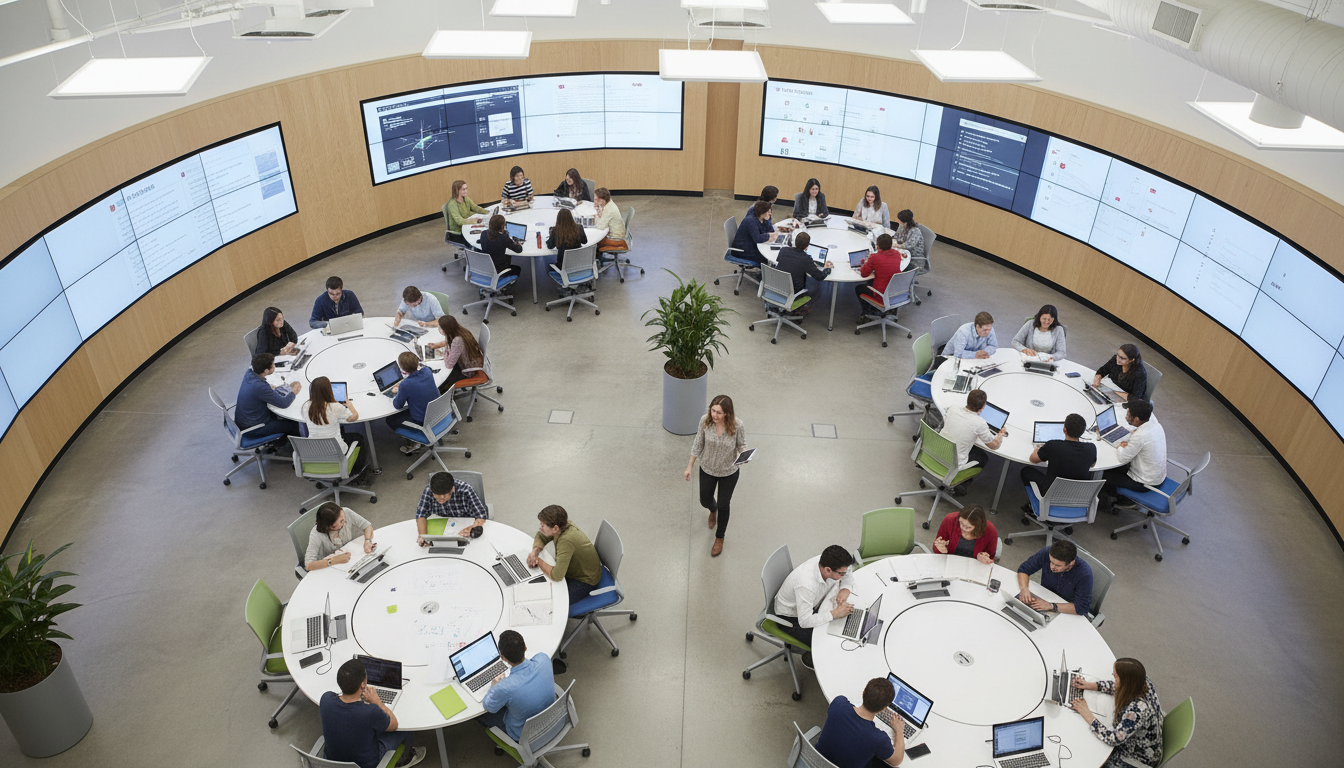 An aerial view of a dynamic active learning classroom, showcasing circular tables (7-foot diameter) each seating multiple students in small collaborative teams. Integrated displays are visible around the perimeter, and an instructor moves freely between groups. The design should emphasize collaboration, technology integration, and flexible movement within the space, similar to SCALE-UP or TEAL models.