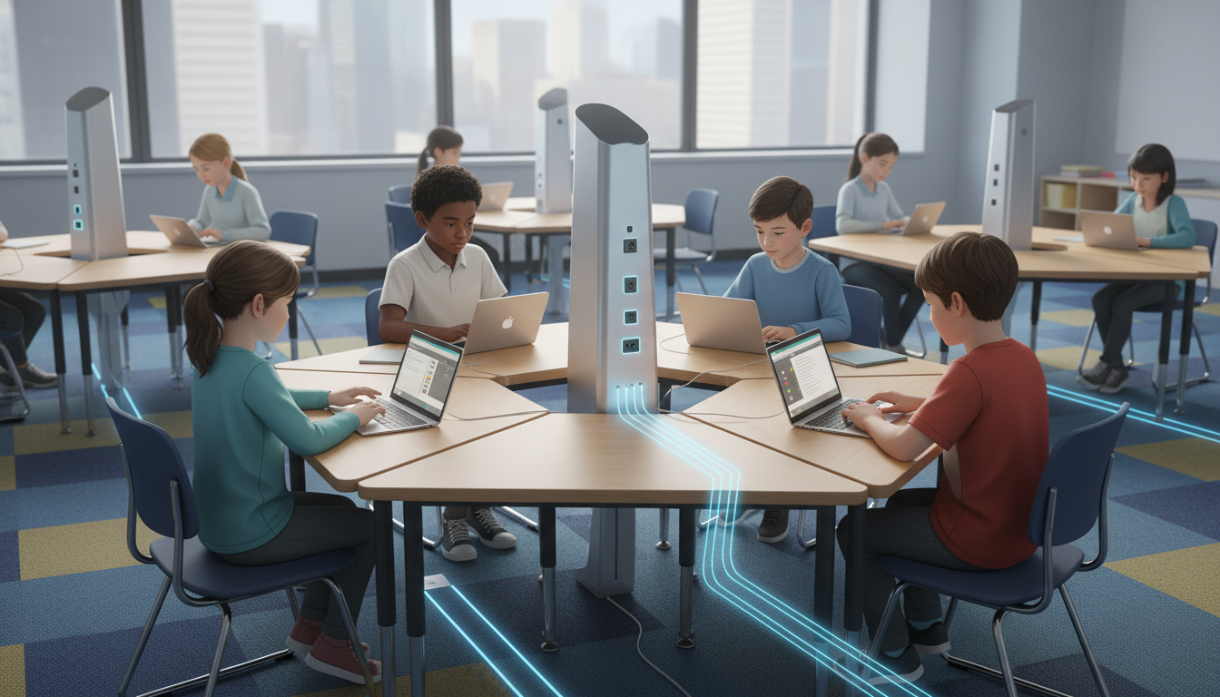 A close-up illustration of innovative power infrastructure in a modern classroom. The image could show discreet, low-profile floor power tracks (e.g., like Steelcase Thread) under carpet tiles, or a mobile power tower being used by a group of students at a modular table, emphasizing seamless device charging without visible clutter or trip hazards.