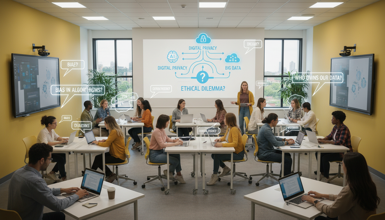 Classroom Tech Ethics: Active Learning for Digital Citizens 1 Students in a modern, inclusive classroom actively discussing and collaborating on ethical technology dilemmas. They are using tablets or laptops, with visual cues representing data, AI, and digital privacy, emphasizing inquiry-based learning and critical thinking.