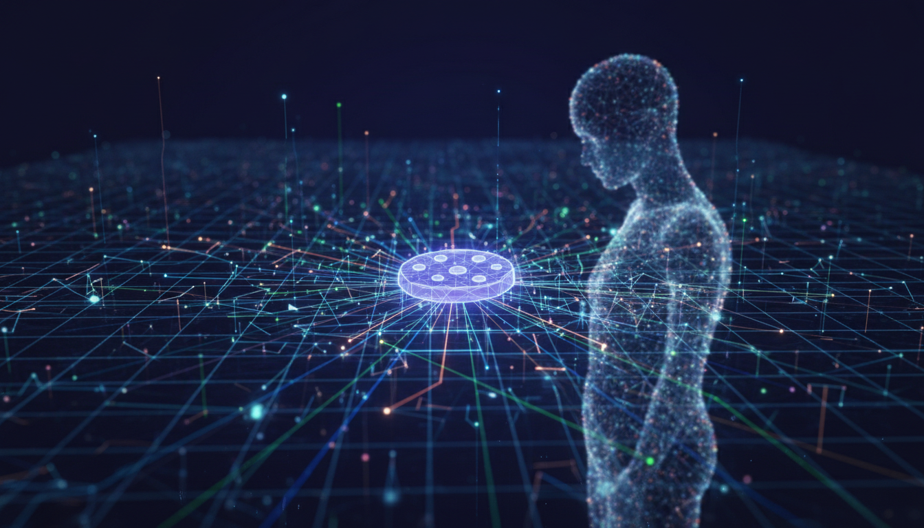 Classroom Tech Ethics: Active Learning for Digital Citizens 2 An abstract visualization representing data privacy and surveillance. Perhaps a digital cookie being tracked by numerous faint, glowing lines across a network grid, with a blurred human silhouette in the background, conveying the invisible nature of data collection and its impact on personal privacy.