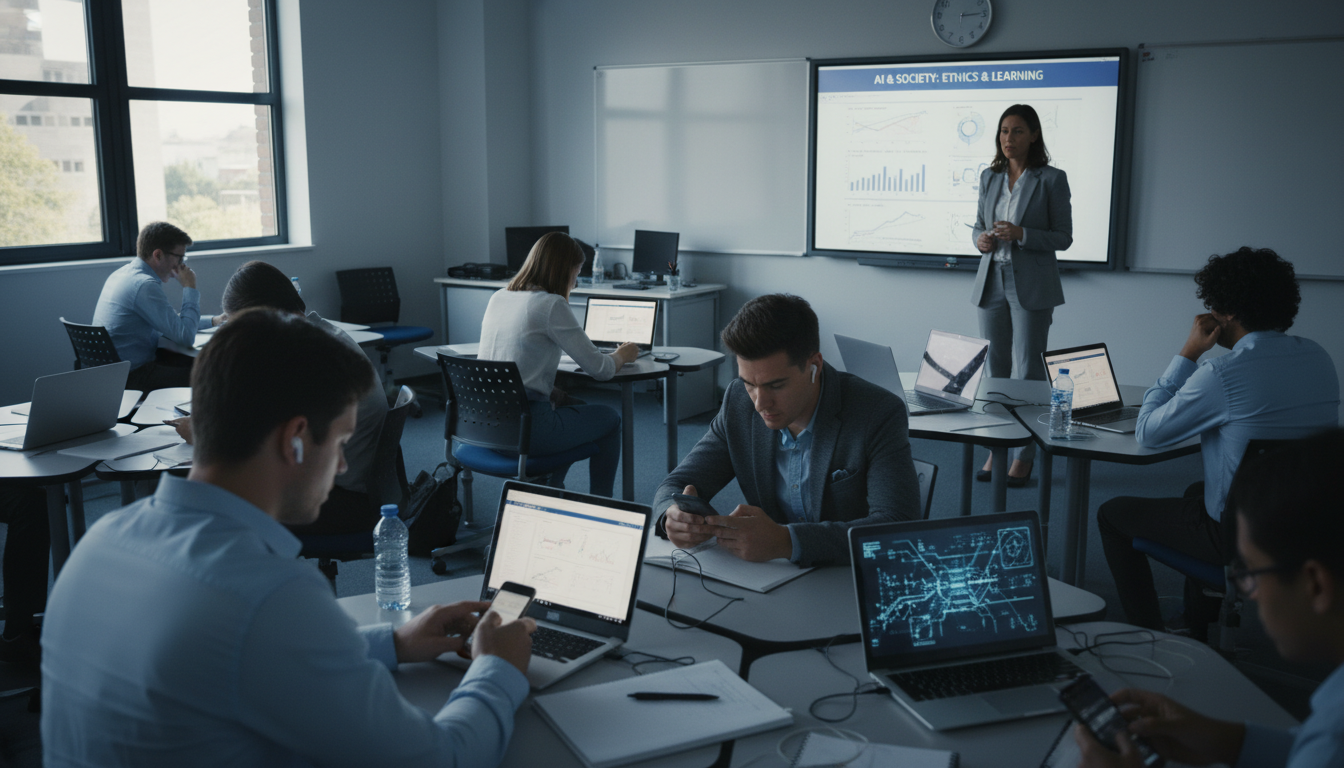 A dynamic classroom scene depicting a modern educational setting. Students are at desks, with some subtly glancing at smartphones while a teacher is at the front. The image should convey the tension between traditional learning and the pervasive influence of digital technology like smartphones and AI, highlighting challenges in student focus. Realistic, slightly stressed atmosphere.