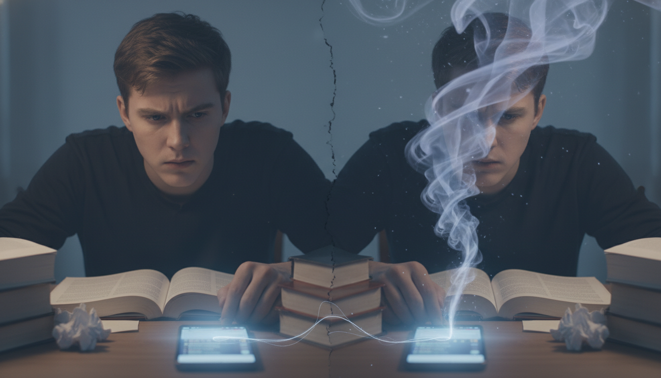 A split image or a visually layered image. On one side, a student struggling to concentrate on a textbook, with a glowing, distracting smartphone blurred in the foreground, subtly pulling their attention. On the other side, a visual representation of cognitive energy draining from their head. Emphasize the subtle, unseen pull of the device. Realistic, slightly muted colors, focusing on the psychological impact.