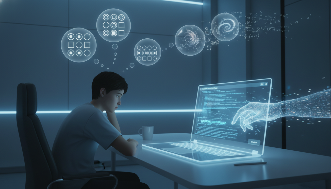 A student sitting at a desk, looking at a laptop screen where text is rapidly appearing, generated by AI. The student has a passive, unengaged expression, perhaps with thought bubbles above their head showing simple, repetitive patterns, contrasting with complex, original thoughts that are fading away. A ghostly, ethereal hand (representing AI) seems to be writing on the screen. Convey the idea of outsourced thinking, diminished creativity, and the 'illusion of competence'. Futuristic, slightly sterile atmosphere with a hint of melancholy.