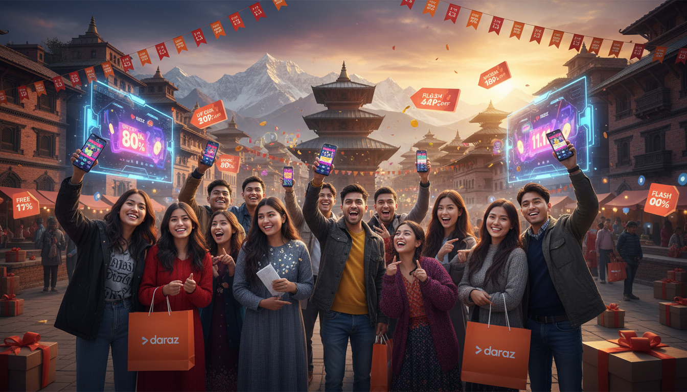 A dynamic and celebratory image capturing the essence of the Daraz 11.11 (Singles' Day) sale event in Nepal. Show diverse Nepali customers joyfully interacting with their mobile phones, displaying the Daraz app with vibrant discount banners and gamification elements. The scene should convey a bustling, festive shopping atmosphere, with visual cues of massive sales and excitement, against a backdrop that subtly blends modern digital commerce with traditional Nepali architectural elements or distant Himalayan peaks under a vivid sky. Focus on energy, community, and the allure of digital deals.