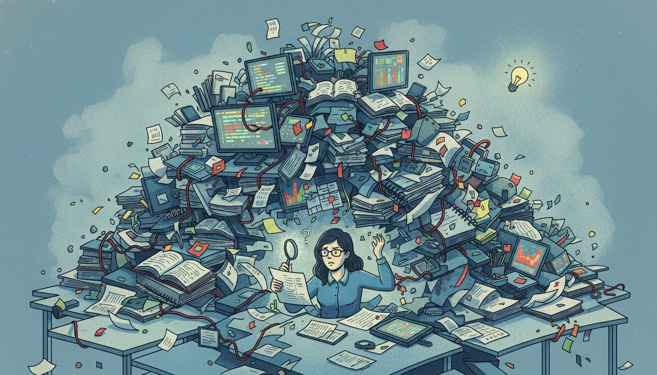 A visual metaphor illustrating the 'data-rich, information-poor' paradox in education. Show a vast, disorganized pile of various data documents, spreadsheets, and digital screens, overflowing and chaotic, with a small, confused teacher trying to find a specific, actionable insight. Emphasize the disconnect and overwhelming nature of raw data versus useful information. Modern, slightly abstract style, conveying struggle.