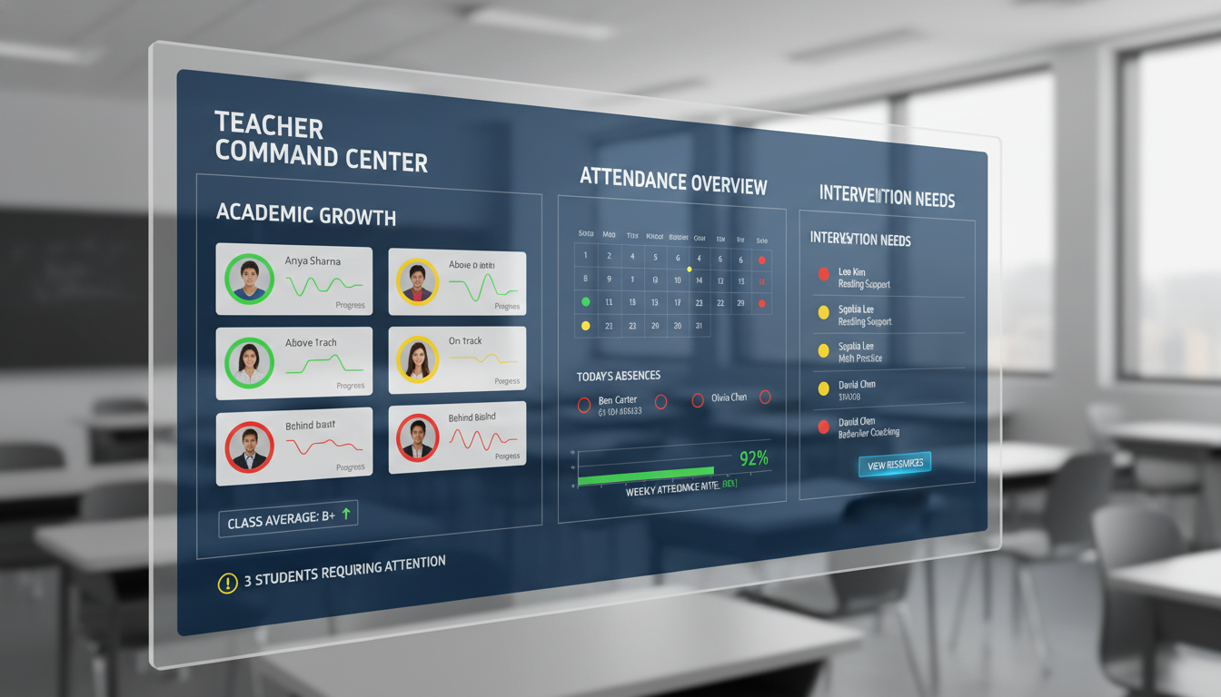 A clean, modern, and highly intuitive teacher dashboard displaying student performance data. The dashboard should feature 'traffic lighting' (red, yellow, green indicators), 'sparklines' showing trends, and modular sections for attendance, academic growth, and intervention needs. The overall design should convey 'glanceability' and ease of use, showing actionable insights clearly. Professional and digital art style.
