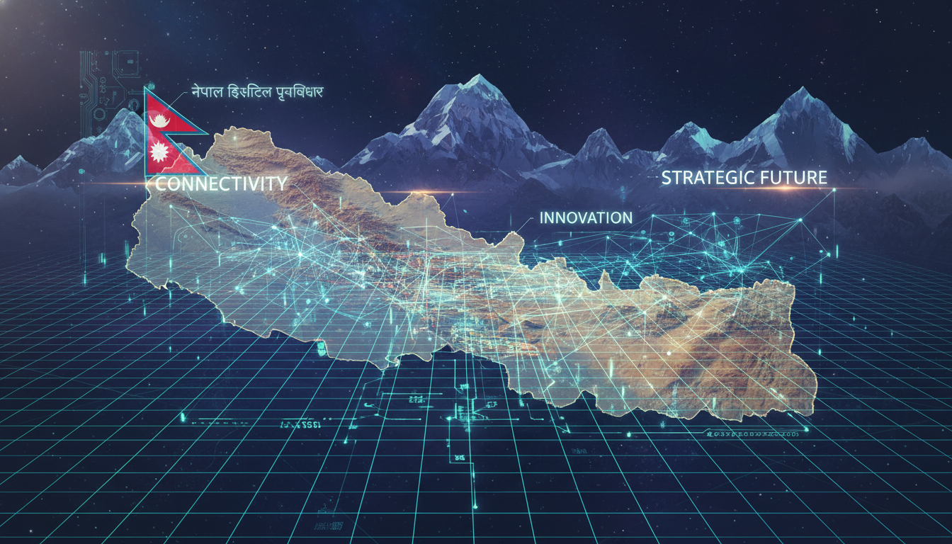 An abstract, futuristic image depicting digital infrastructure and data streams overlaying a subtle map of Nepal, with iconic Nepali elements like mountains in the background. Emphasize connectivity, innovation, and strategic planning.