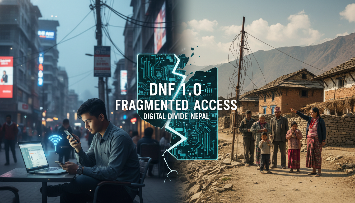 An image illustrating the 'digital divide' in Nepal, with a clear contrast between modern digital interfaces in urban settings and a lack of connectivity or access in remote, rural Nepali villages, emphasizing the challenges of DNF 1.0's infrastructure illusion. The image should convey fragmentation and limited reach.