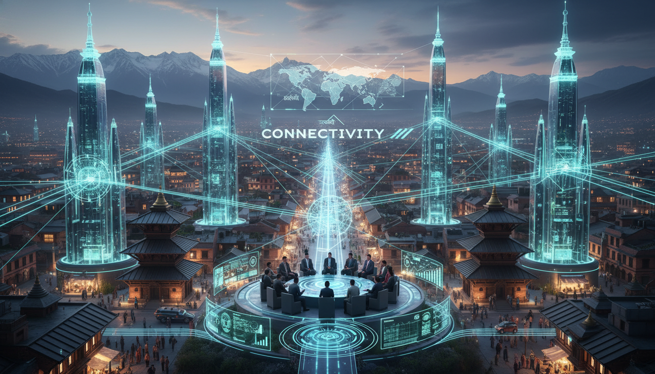 Digital Nepal Framework 2.0: Nepal's Digital Future Analysis 1 A futuristic digital cityscape of Kathmandu, Nepal, with glowing data streams connecting different sectors, set against a backdrop of the Himalayas. The image should convey themes of digital transformation, innovation, strategic planning, and connectivity for a developing nation. Focus on a blend of traditional Nepali elements with modern technology.