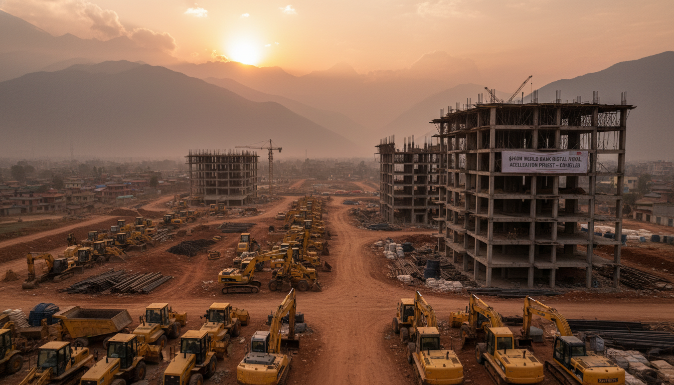 Digital Nepal Framework 2.0: Nepal's Digital Future Analysis 3 A large, ambitious construction project in a modern Nepali landscape that has suddenly halted, with idle construction equipment and unfinished building structures, symbolizing the cancellation of a significant $140 million World Bank Digital Nepal Acceleration Project. The image should convey a sense of lost opportunity, a funding gap, and a setback in digital development for the nation.