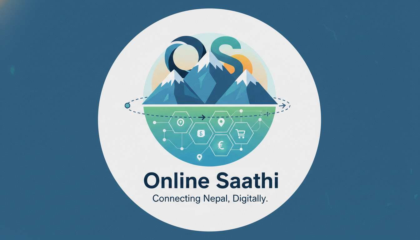 A stylized graphic representing the Online Saathi brand, integrated with elements of Nepal's geography like mountains and a modern digital marketplace interface, symbolizing e-commerce connecting remote areas.