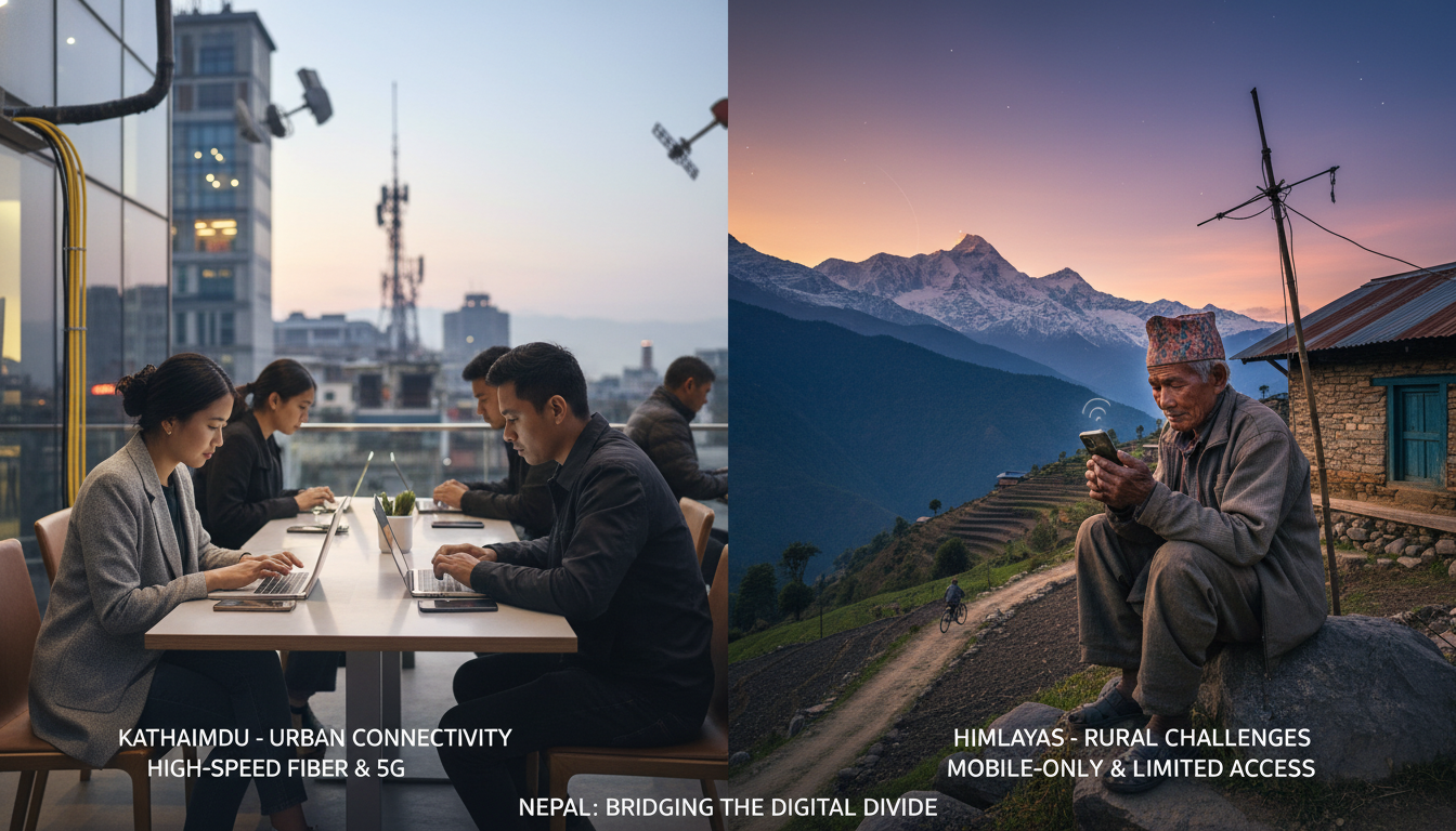 A visual representation of the digital divide in Nepal, showing a contrast between urban areas with high-speed internet and modern tech (e.g., smartphones, laptops) and remote, rural mountainous regions where people are accessing the internet via mobile on a modest device, emphasizing connectivity challenges and last-mile delivery issues. The image should convey both progress and lingering challenges.