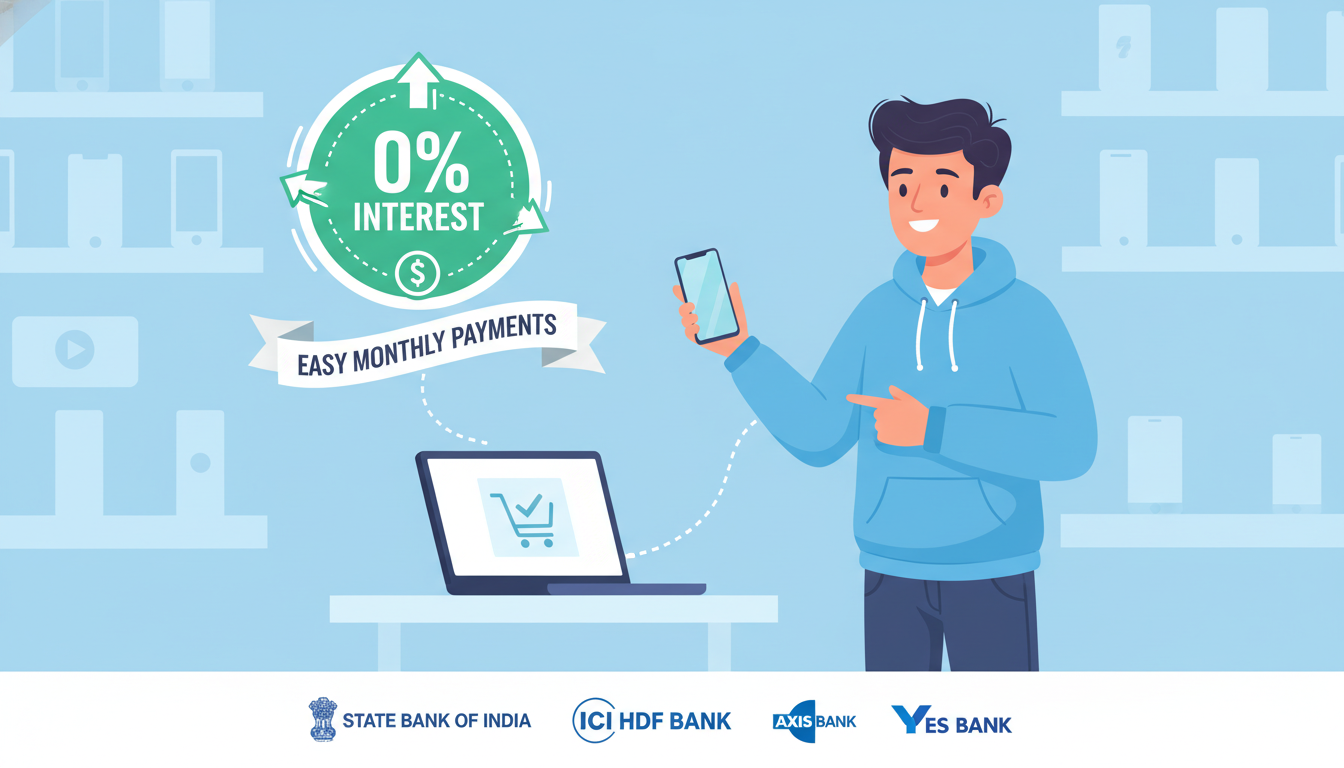 An infographic or illustrative image showcasing the EMI (Equated Monthly Installment) service. Show a person happily purchasing a new smartphone or laptop, with various bank logos subtly visible, and a clear visual element indicating '0% Interest' or 'Easy Monthly Payments.' The focus should be on financial accessibility and ease of purchase for high-ticket electronics.