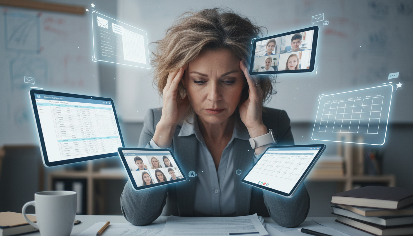 Ed-Tech's Hidden Cost: Teacher Workload & Cognitive Load 1 A teacher looking overwhelmed or stressed, surrounded by multiple glowing digital screens or devices, with a subtle background suggesting a classroom or office setting. Emphasize the 'hidden' burden rather than overt technology use.