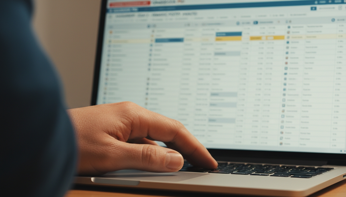 Ed-Tech's Hidden Cost: Teacher Workload & Cognitive Load 3 A close-up shot of a teacher's hand on a computer mouse or trackpad, looking weary, with a digital grading interface visible on a screen in the background. The interface should appear tedious, with many small text boxes, scrollbars, and clickable elements, emphasizing the repetitive 'click tax' and eye strain associated with digital grading. Soft, focused lighting on the hand, with a slightly blurred screen.