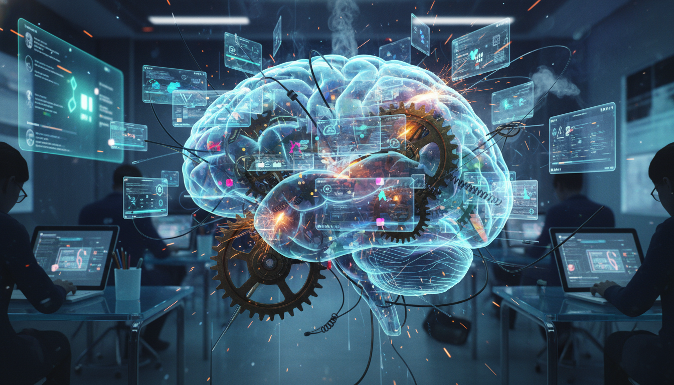 EdTech's Cognitive Paradox: Preventing Learning Failures 1 Abstract visual representing a student's brain overwhelmed by digital screens and information, with gears jamming and a sense of cognitive overload, in a modern educational setting.