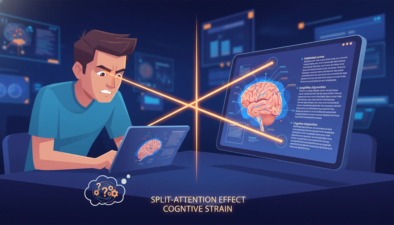 EdTech's Cognitive Paradox: Preventing Learning Failures 2 A split-screen illustration showing a student trying to focus on a complex diagram on one side and related text on the other, with visual lines of effort connecting them, representing the 'split-attention effect' and cognitive strain in a digital learning environment. The student appears frustrated or intensely focused.