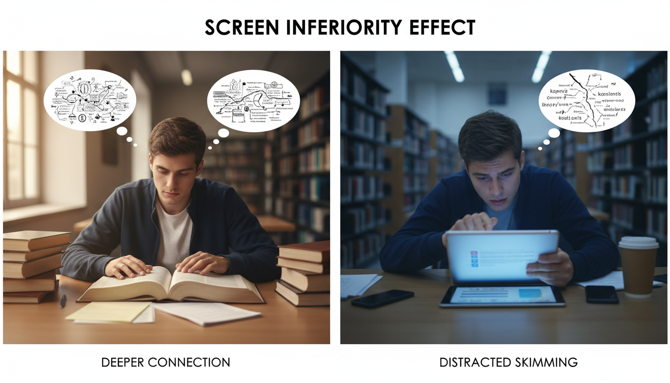 EdTech's Cognitive Paradox: Preventing Learning Failures 3 A side-by-side comparison illustrating a student reading a physical book with focused, calm attention, and another student skimming text on a tablet with distracted, rapidly moving eyes, highlighting the 'screen inferiority effect' in an academic setting. The book reader has a deeper connection to the material.