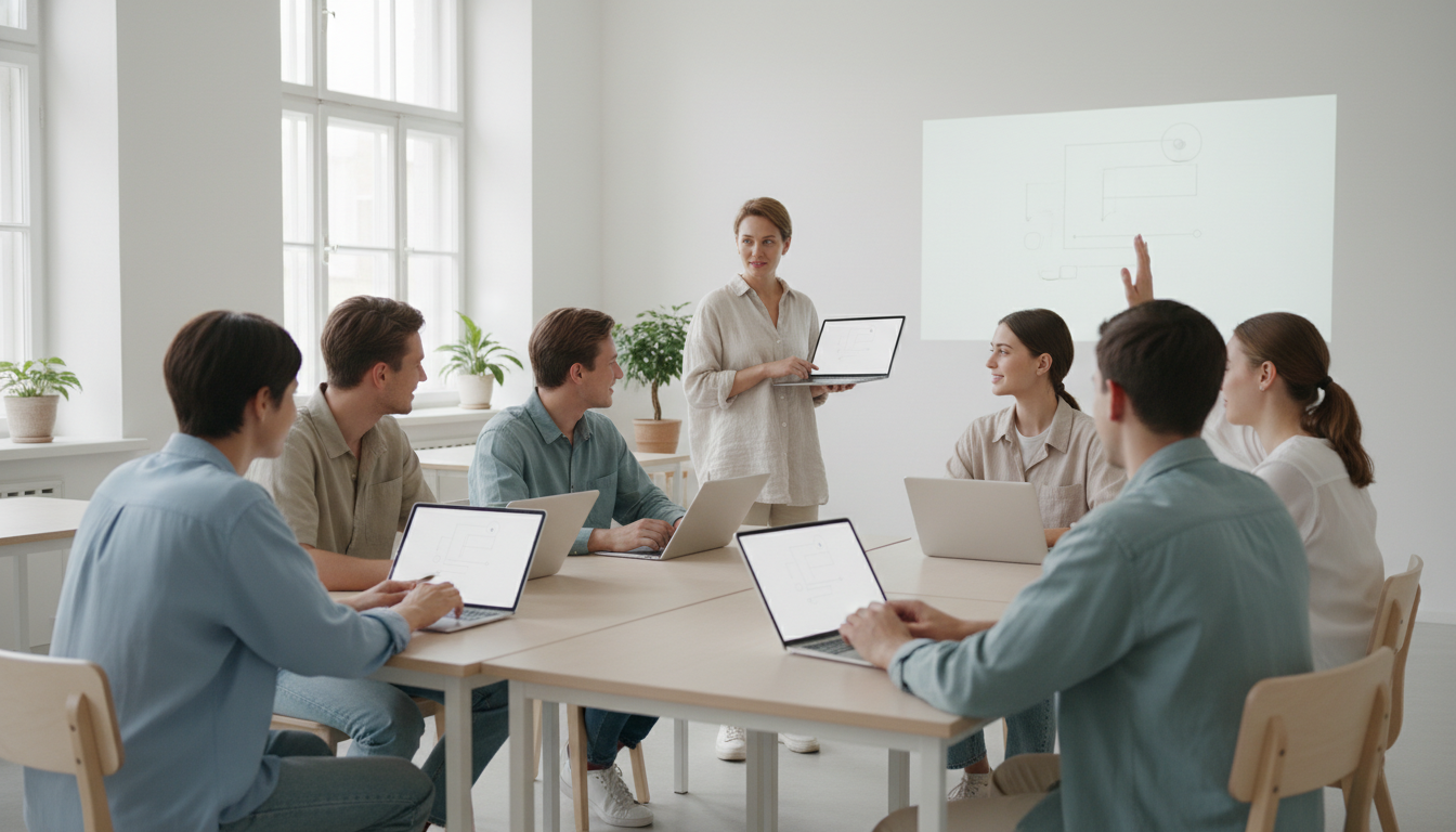 A minimalist classroom setting where students and a teacher are engaged in learning using simple, familiar digital tools like tablets or laptops with clean, uncluttered interfaces. The image should convey a sense of focus, clarity, and human connection, emphasizing effectiveness over technological complexity. Soft, natural lighting enhances the calm and efficient atmosphere.