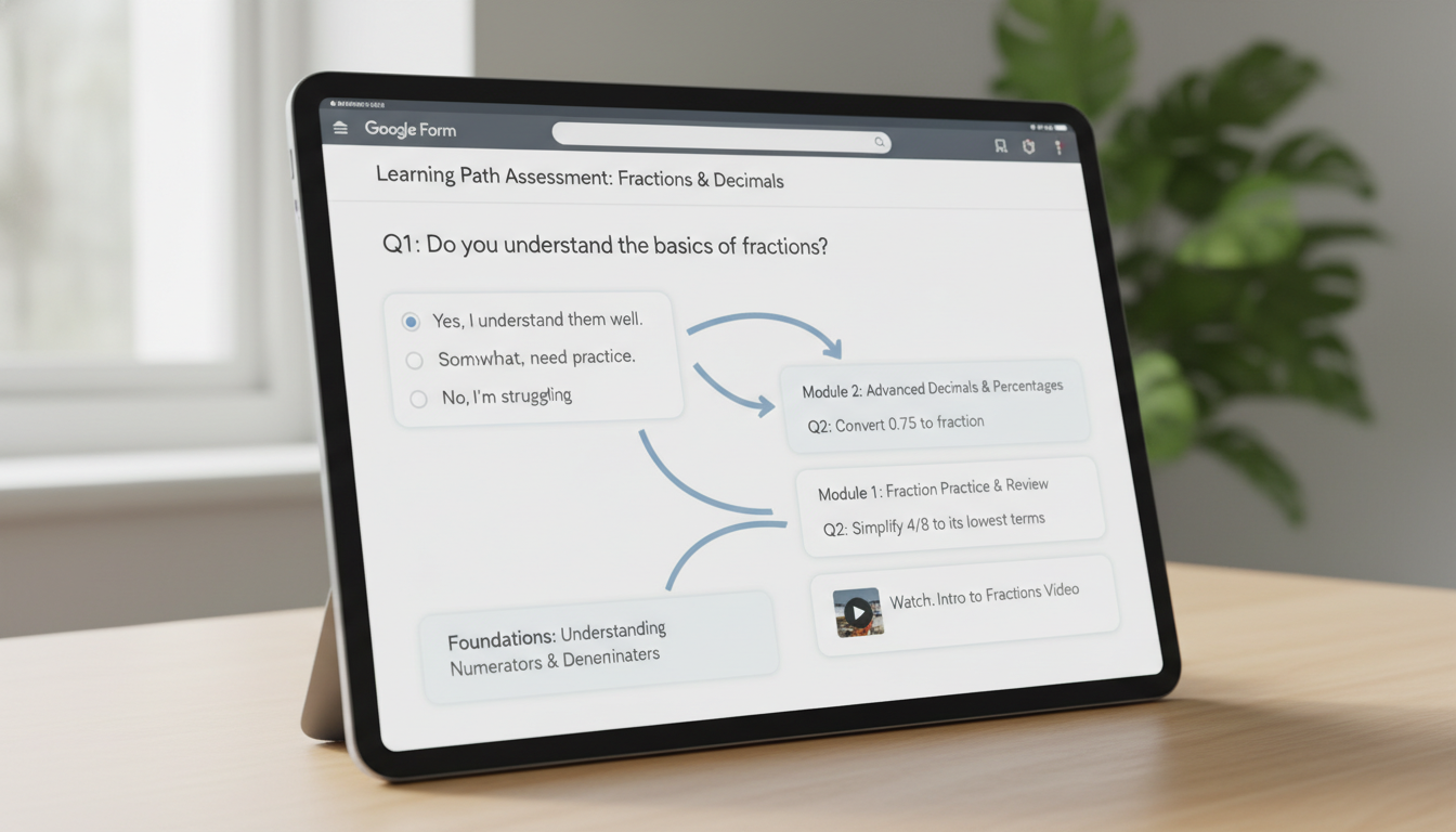 A clean, minimalist digital interface of a Google Form on a tablet or computer screen, showcasing an example of 'branching logic' or 'mastery paths' with clear, simple arrows directing user flow based on answers. Focus on user-friendliness and clear design, conveying adaptive learning without complex visuals. Soft, natural lighting.