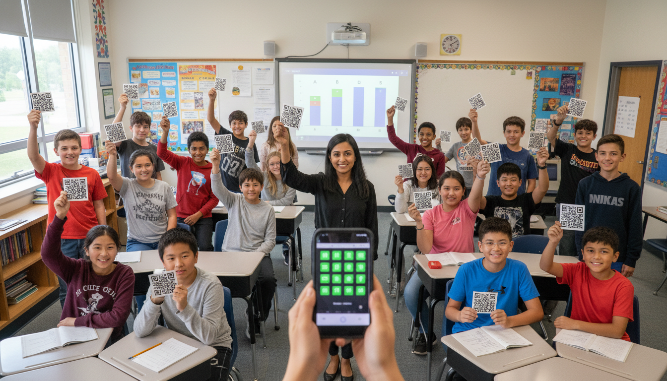 A diverse group of middle school or high school students holding up Plickers cards with QR codes, oriented to show their answers (A, B, C, or D). A teacher stands in front of the class, holding a smartphone or tablet, scanning the students' cards to collect real-time data. The classroom environment is bright and engaged, emphasizing interactive learning with low-tech tools.