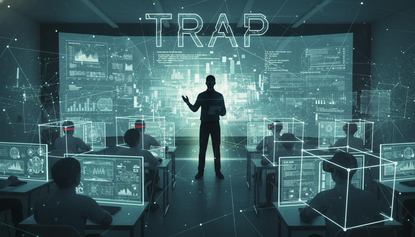 An abstract visual representation of the 'transmissionist trap' in education, showing a teacher lecturing in a modern classroom filled with advanced digital screens and devices, but the students appear disengaged or overwhelmed, with technology acting as a barrier rather than a bridge to learning, emphasizing the disconnect between tech deployment and genuine pedagogical success. Focus on the feeling of being trapped by unaligned tech.