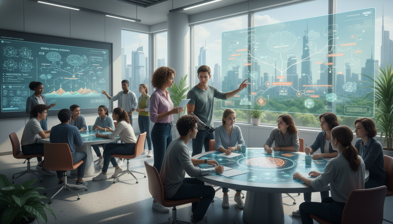 Redefining Effective Classroom Technology for Deep Learning 1 A diverse group of students in a modern classroom, interacting with advanced educational technology that clearly fosters deep thinking and collaboration, not just screen time. Emphasize focused learning and intellectual curiosity, with subtle nods to cognitive science principles. High-fidelity digital art, bright, inspiring.