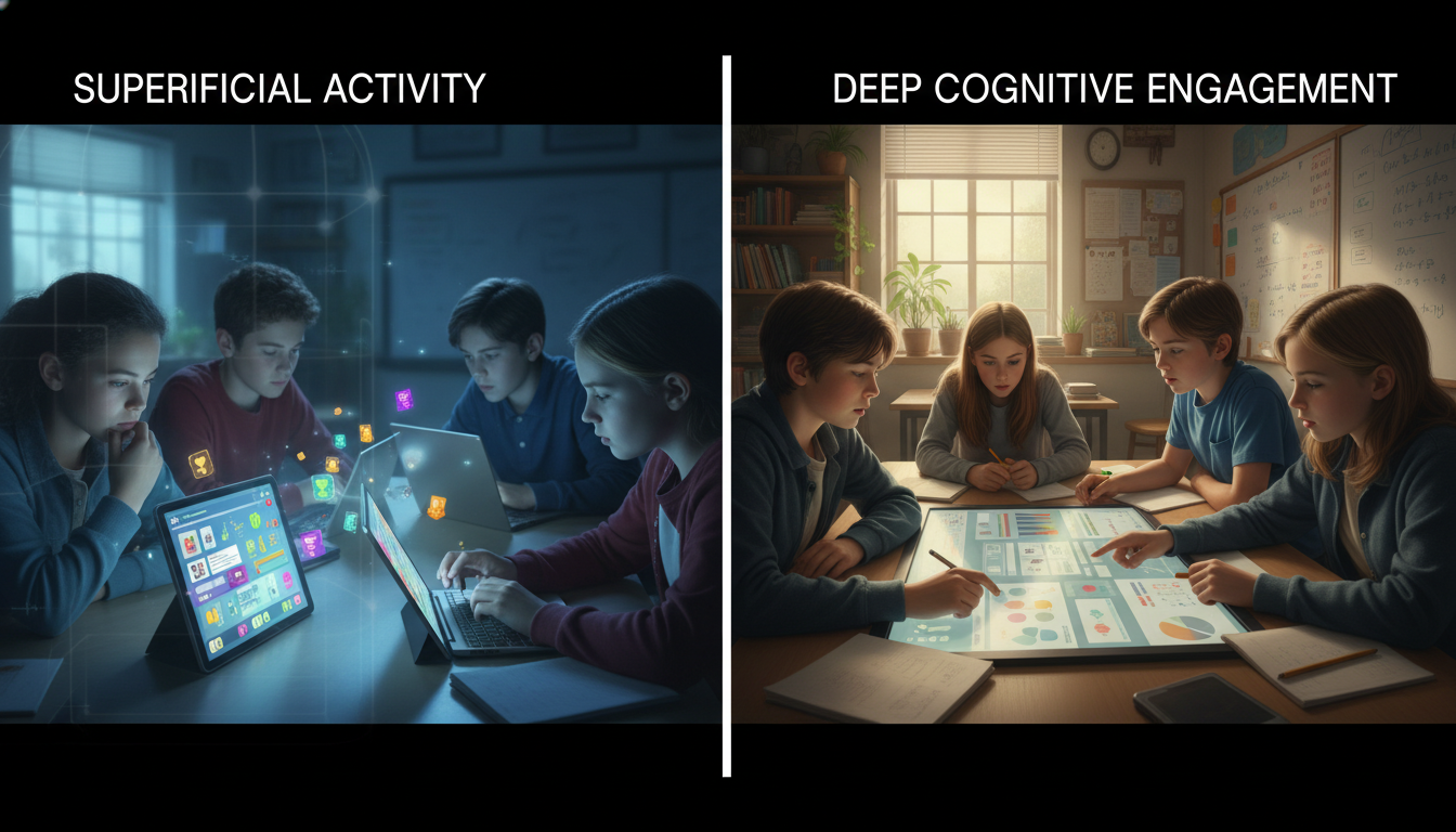 Redefining Effective Classroom Technology for Deep Learning 2 A split image or juxtaposition showing two different classroom scenes. On one side, students are behaviorally engaged, looking at screens with bright, gamified interfaces, but their expressions are vacant or distracted, symbolizing 'passive learners'. On the other side, students are deeply focused on a task, possibly with a less flashy interface, demonstrating true cognitive engagement and critical thinking. The overall mood should highlight the contrast between superficial activity and deep learning, with a subtle 'trap' feel on the first side.