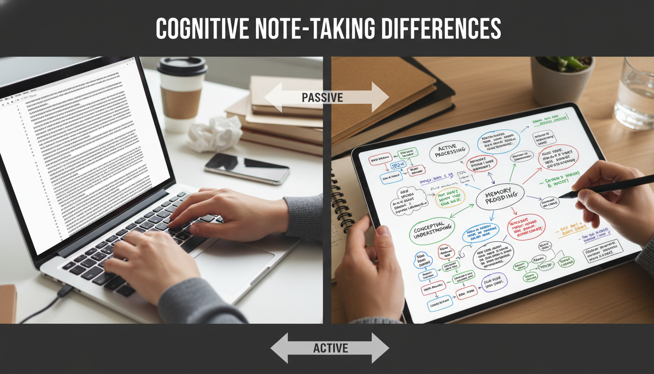 Redefining Effective Classroom Technology for Deep Learning 3 A split image illustrating the cognitive differences in note-taking. On one side, hands are typing rapidly on a laptop keyboard, with generic, unorganized text appearing on the screen, symbolizing verbatim transcription. On the other side, hands are writing notes with a digital stylus on a tablet or a pen on paper, with interconnected ideas, diagrams, and personalized summaries visible, symbolizing deep conceptual processing and memory encoding. The image should convey the idea of active vs. passive information processing.