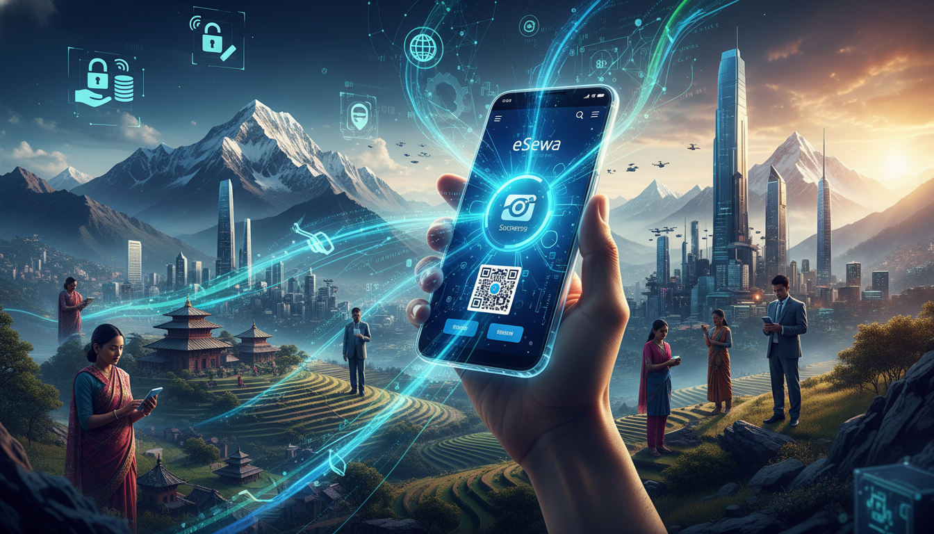 A vibrant, futuristic image depicting digital financial transformation in Nepal. A hand holds a smartphone displaying a payment app (like eSewa), with data flows connecting people across varied Nepalese landscapes (mountains, cities, rural areas). Elements symbolizing financial inclusion, mobile payments, and innovation in an an emerging economy.