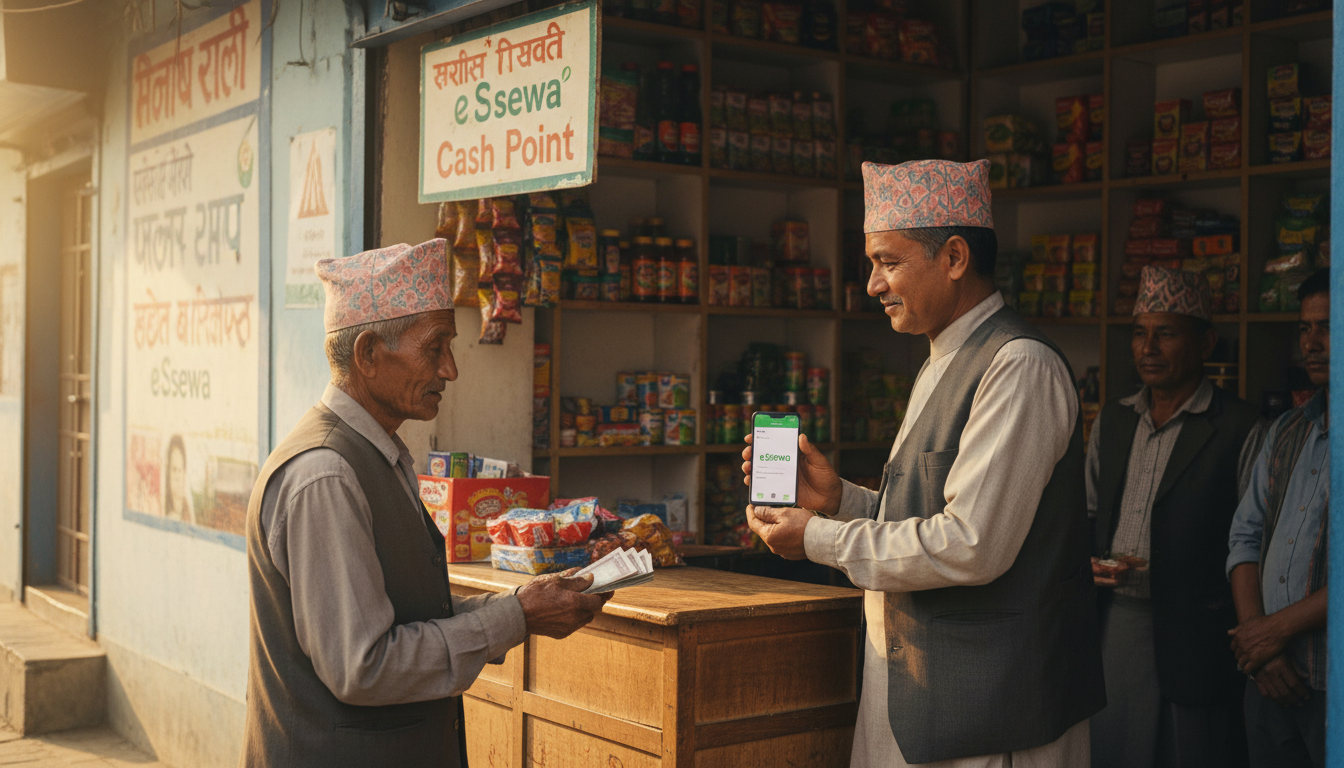 An image depicting an eSewa 'Cash Point' in a vibrant Nepalese local shop or rural setting. A friendly agent (shopkeeper) is assisting a rural villager, who is handing over physical cash to pay a bill or transfer money digitally via the eSewa app on the agent's smartphone. The scene should convey trust, financial inclusion, and the bridging of the digital divide. The eSewa green logo should be subtly visible.
