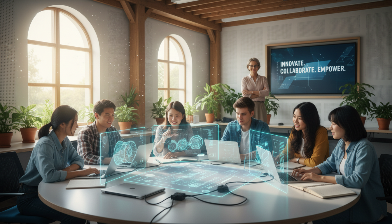 A diverse group of students engaged in collaborative project-based learning, with subtle holographic AI interfaces assisting but not dominating their work. An educator thoughtfully observes. The scene should convey integrity, innovation, and equitable access to technology, set in a modern, light-filled educational space.