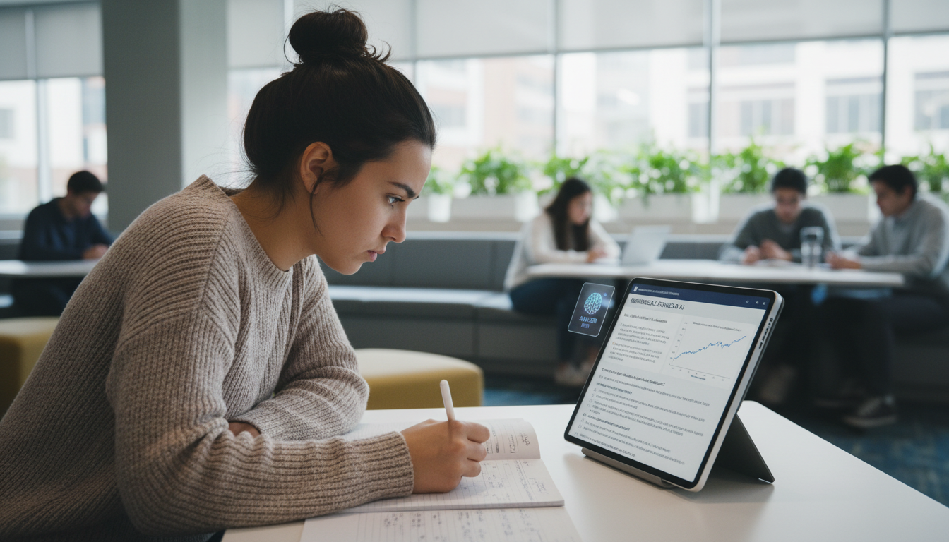A student actively engages with a complex, interactive digital exam on a tablet or computer. The screen displays a challenging stimulus-based multiple-choice question, incorporating elements like a detailed case study, a data graph, or a snippet of code. The student is shown in a thoughtful pose, perhaps writing notes, as they formulate a reasoned response requiring analytical and evaluative judgment beyond simple recall. The setting is a contemporary classroom or study space, emphasizing deep learning and critical thinking in an AI-integrated educational context.