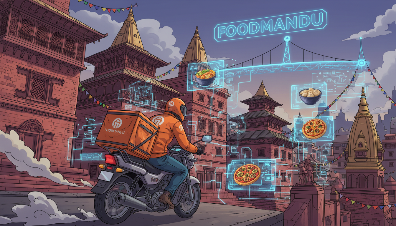A stylized depiction of a motorbike delivery rider in Kathmandu, Nepal, with a backdrop showcasing both traditional Nepalese architecture and a subtle hint of modern digital elements, symbolizing the pioneering spirit of Foodmandu in bridging the gap between old and new technology for food delivery.