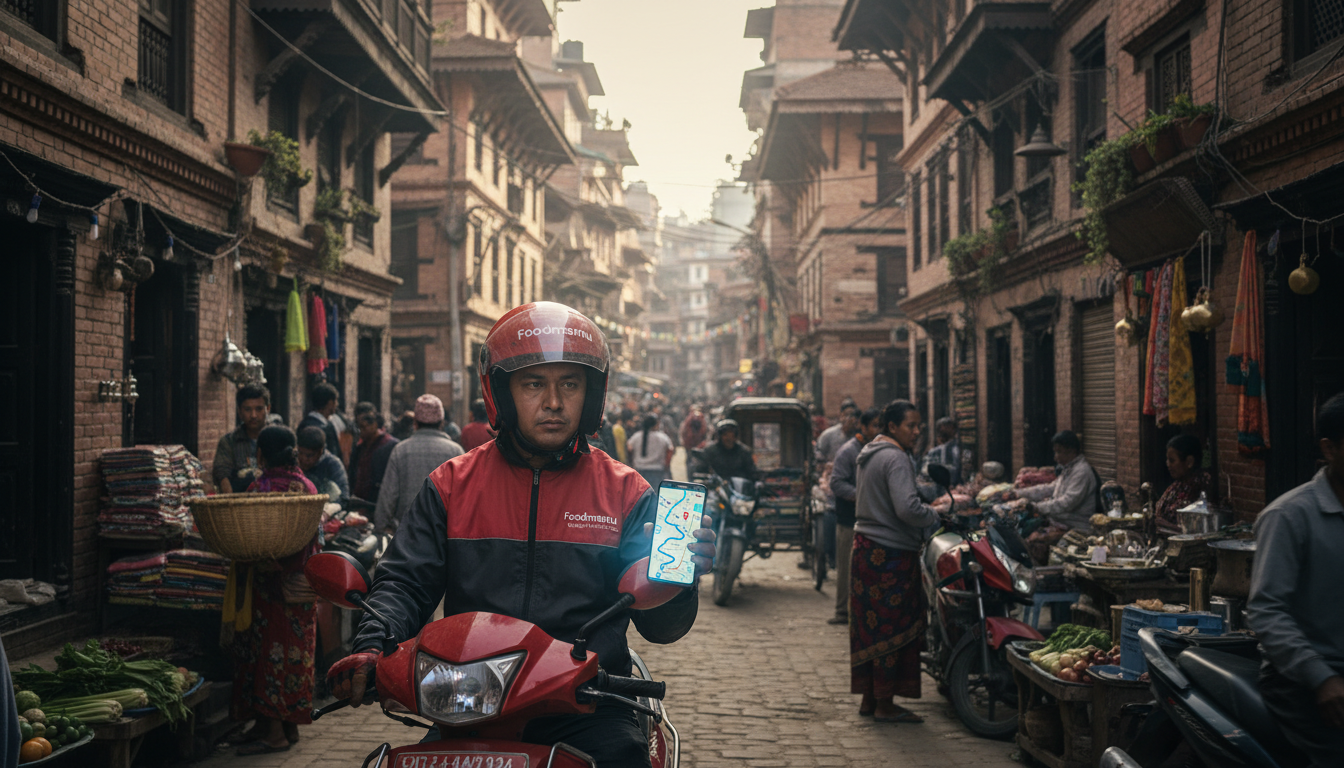 A Foodmandu delivery rider on a motorbike navigating a bustling, intricate street in Kathmandu, Nepal. The rider is looking at their phone (showing a map with a pin drop but no clear address labels) with a slightly puzzled or determined expression. Surrounding them are unique, traditional Nepalese architectural landmarks and bustling market activity, emphasizing the 'landmark navigation' challenge rather than clear street names or numbers. The scene should convey the 'last mile' delivery challenge in an urban, unaddressed environment, with a hint of resilience.