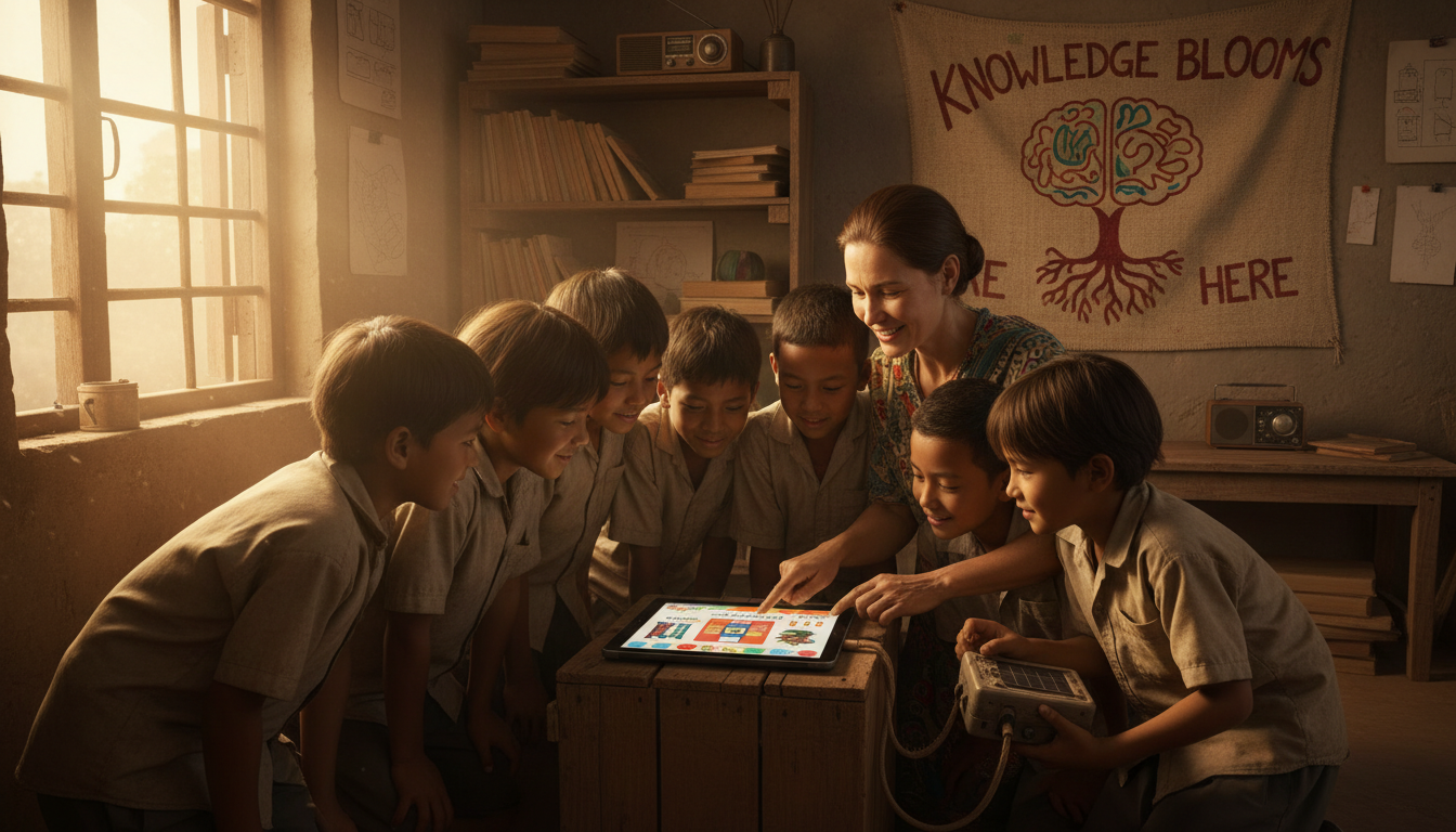 A diverse group of eager students in a humble, resource-constrained classroom setting. They are gathered around a single, shared laptop or tablet, collaboratively engaged in a learning activity. A teacher guides them, pointing to the screen. Emphasize light, optimism, and the concept of 'frugal innovation' and 'educational sovereignty' in a rural or developing country context. Include elements suggesting offline access or local technology, like a small, rugged device. Warm, inspiring lighting.
