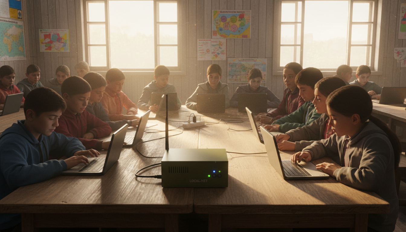 A rural classroom where students are actively using shared digital devices (tablets or laptops) connected to a small, central, rugged server box (like a Raspberry Pi or a RACHEL device) emitting a local Wi-Fi signal. Emphasize the lack of visible internet cables but the active, collaborative learning taking place. The server box should be visible, perhaps with a small antenna or indicator lights, hinting at local connectivity. Bright, hopeful lighting, portraying self-sufficiency.