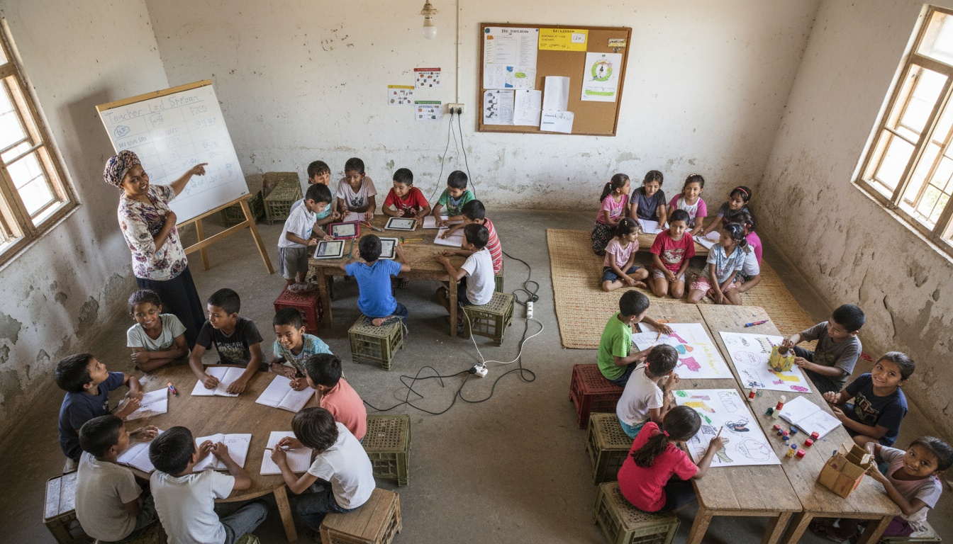 An aerial view or wide shot of a bustling, resource-constrained classroom illustrating the 'Station Rotation Model'. Clearly depict different groups of students engaged in distinct activities: one group with a teacher for direct instruction, another group collaborating around a few shared digital devices (tablets/laptops), and a third group working on offline, paper-based tasks or group projects. Show a diverse group of children and a dedicated teacher, all in a simple, humble setting. Emphasize dynamic learning and effective use of limited resources. Warm, engaging atmosphere.