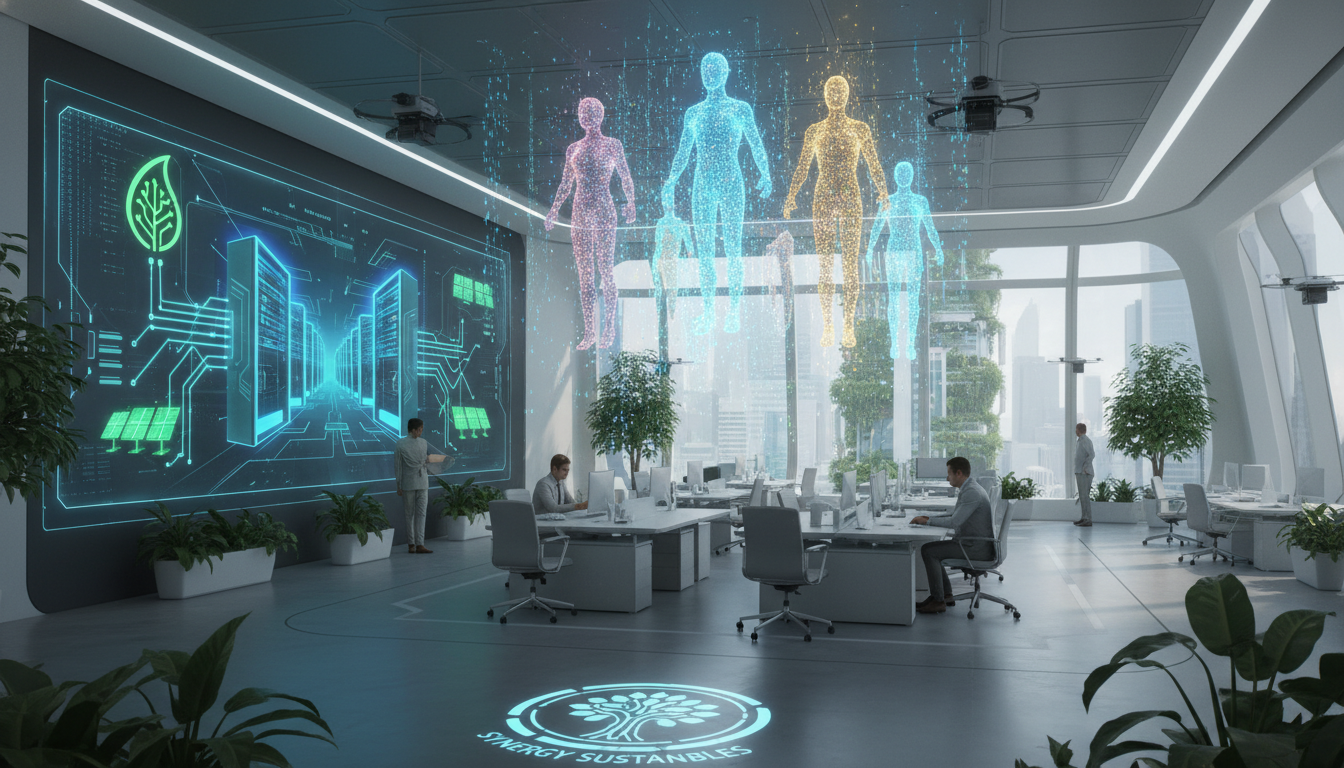 Future of Business IT Strategies: AI, Infrastructure & 2030 1 A futuristic corporate office setting with holographic projections showcasing AI agents interacting with data flows, distributed IT infrastructure elements like server racks, and green energy symbols. The overall atmosphere is innovative and forward-looking, with a subtle blend of technology and sustainability.