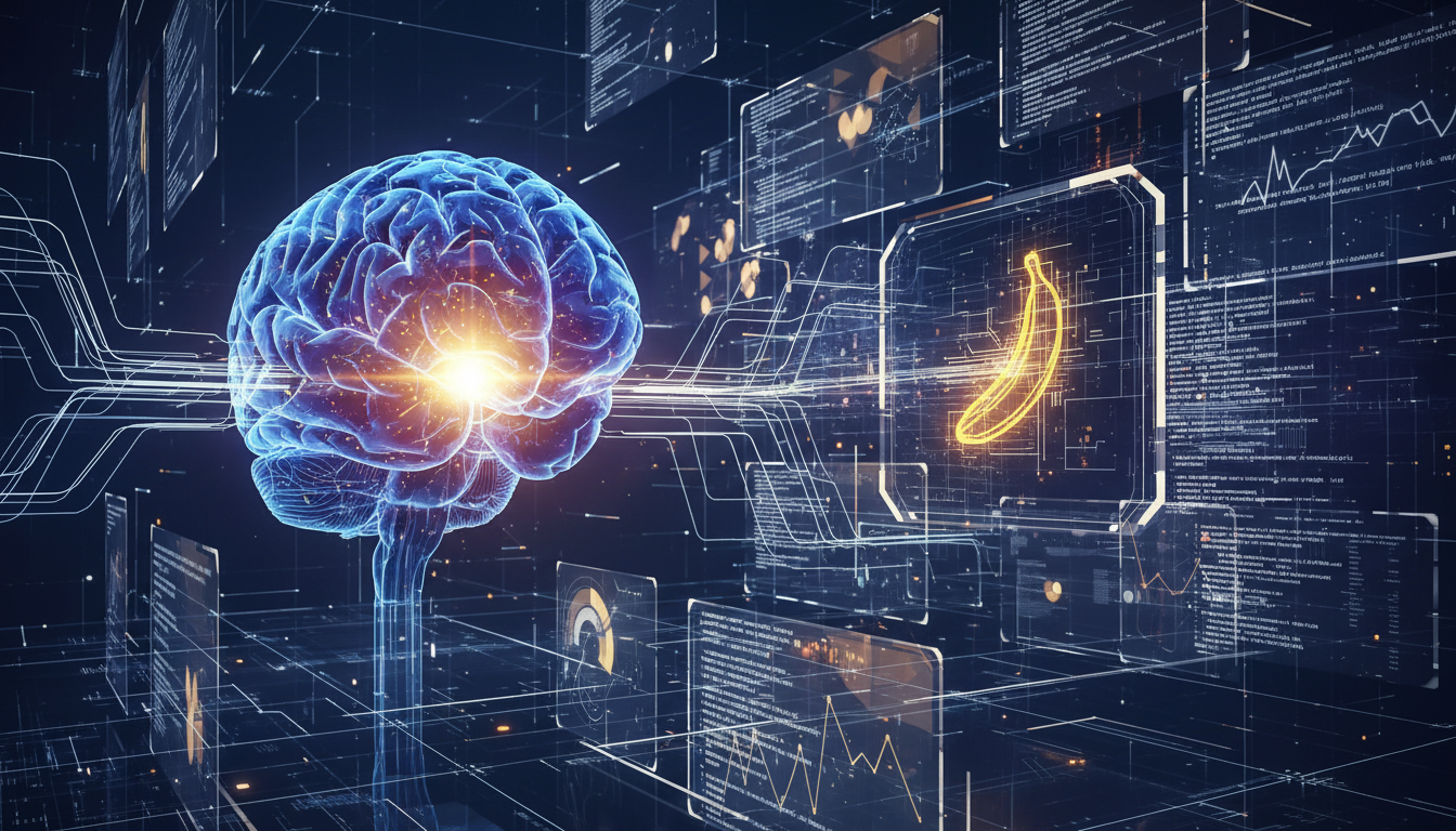 Abstract representation of AI prompt engineering, featuring a glowing brain connected to a futuristic digital interface with lines of code and visual data flowing. In the background, a subtle, stylized banana icon is integrated into the technological landscape. High-tech, digital art style, deep blues and purples with bright white and yellow accents, representing intelligence and creativity.