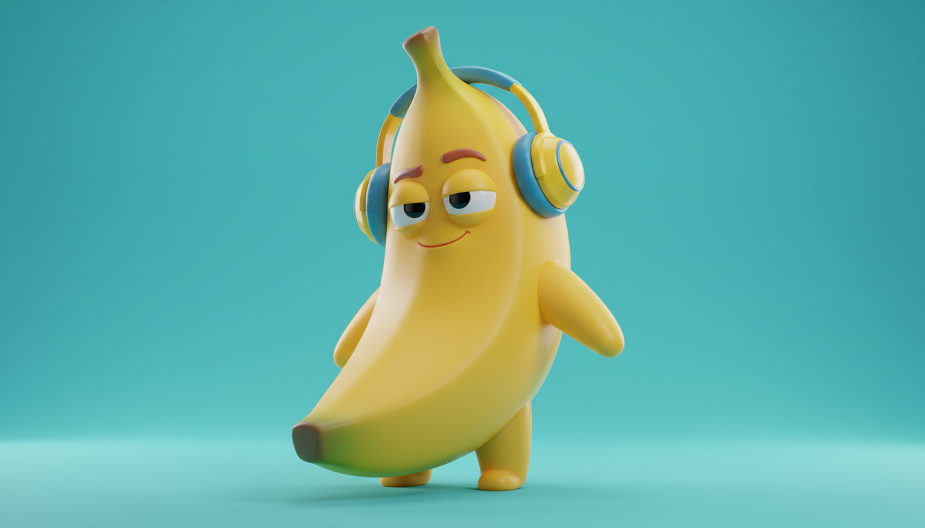 A cute, expressive 3D rendered character in the style of a high-quality collectible vinyl toy. The character is a stylized banana with friendly eyes and a small, playful smirk, wearing tiny headphones. The material looks like smooth, matte plastic with realistic subsurface scattering. Studio lighting with soft shadows. The background is a solid, vibrant teal color. Cute, expressive, 4k render, Pixar-style.