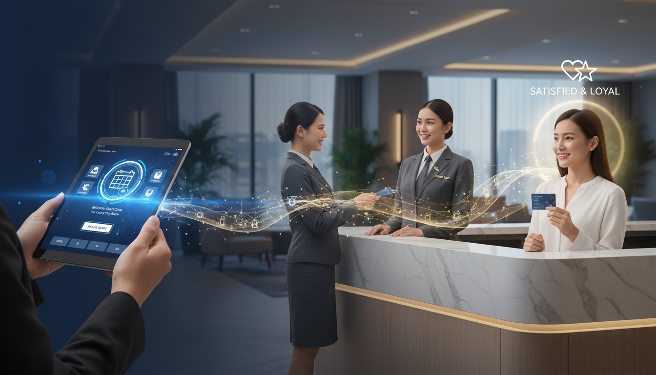 Mastering Guest Experience: Booking to Advocacy Journey 1 A conceptual image showing the seamless guest journey in modern hospitality, from digital booking (tablet interface) to human interaction (friendly staff). Emphasize the blend of technology and empathy, leading to a satisfied and loyal guest. Elegant, contemporary design.