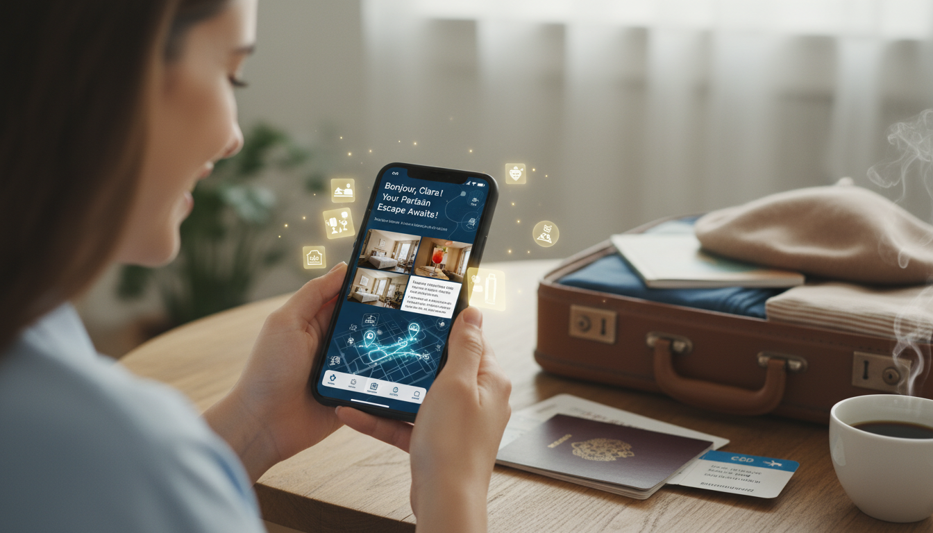 Mastering Guest Experience: Booking to Advocacy Journey 2 A visual representation of the 'Anticipation' phase in hospitality, showing a guest receiving personalized, exciting pre-arrival messages on a smartphone, with elements of travel planning and excitement. Focus on digital communication creating positive emotions.