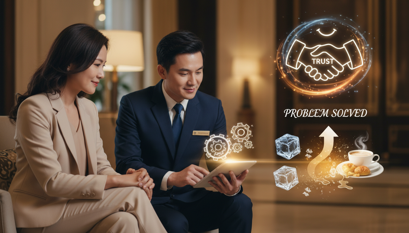 Mastering Guest Experience: Booking to Advocacy Journey 3 A concept image depicting effective service recovery in a hospitality setting. Show a hotel staff member empathetically listening to a guest, with visual elements representing a problem being resolved and the guest's satisfaction. Emphasize trust and turning a negative into a positive.