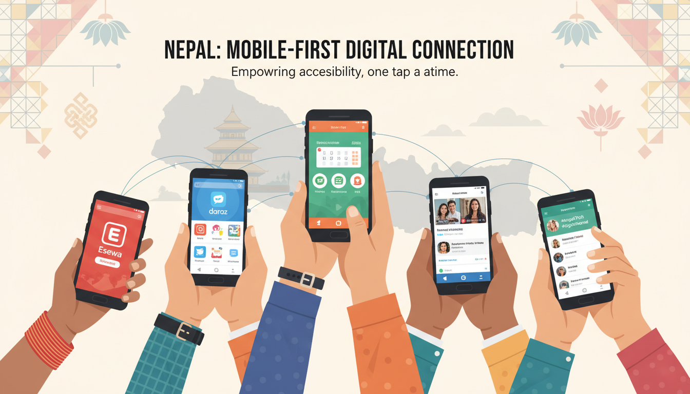A graphic illustrating Nepal's mobile-first internet usage, showing diverse hands holding smartphones with various apps, set against a subtle backdrop of Kathmandu valley or traditional Nepalese patterns, emphasizing accessibility and digital connection.