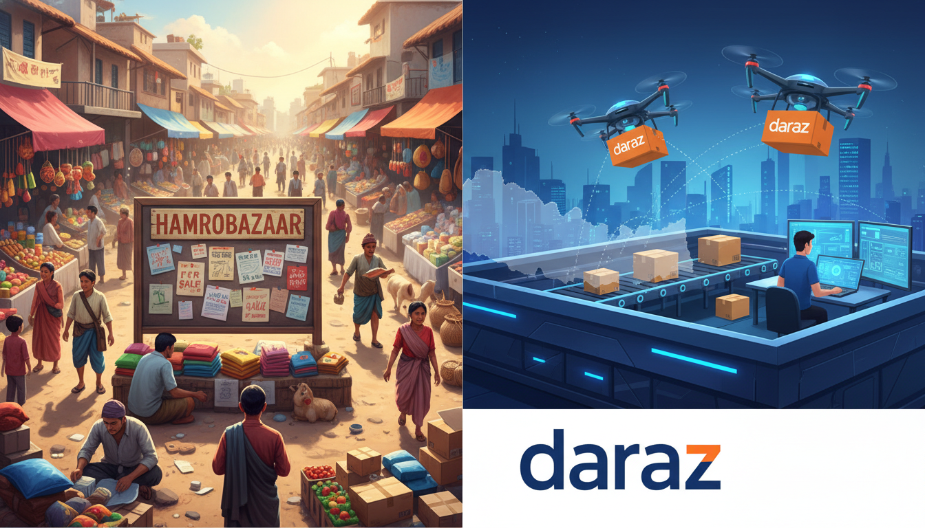 A visual representation of the competitive e-commerce landscape in Nepal, depicting two distinct platforms: one, 'Hamrobazaar,' as a community-driven, free classifieds space (represented by a bustling local marketplace or notice board), and the other, 'Daraz,' as a streamlined, corporate-managed online retailer (represented by a modern, efficient warehouse or delivery drone), showing their different approaches.