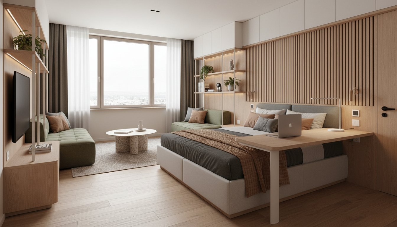 Hospitality Design: Short-Stay Comfort, Long-Stay Practicality 1 A modern, well-designed adaptive hospitality unit interior, showcasing a comfortable sleeping area, an ergonomic workspace with a laptop, and a lounge area. The space feels practical and inviting, with good natural light and durable, high-quality materials. Emphasize efficient spatial flow and subtle technology integration. Warm, contemporary aesthetic.